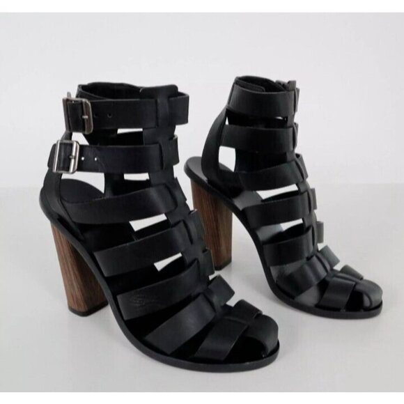 Vince Sandals Caged Strappy Nicolette Womens 8M 38 Black Leather Block High Heel - Picture 8 of 16